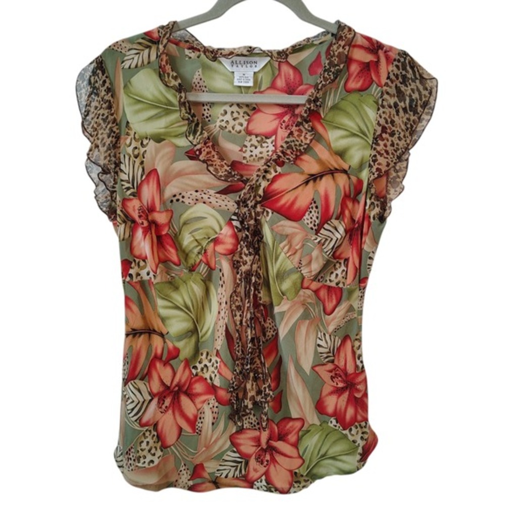 Vintage Y2K Allison Taylor Womens Blouse Medium 100%‎ Silk Retro Floral Cheetah